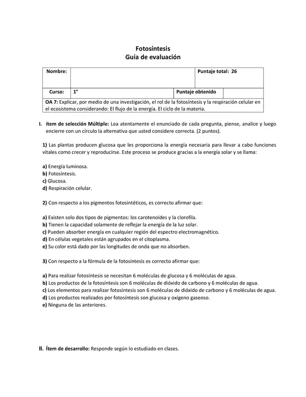Guía / evaluación fotosíntesis