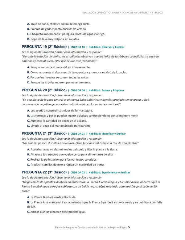 Banco de preguntas ciencias naturales estilo DIA 1° a 5° básico