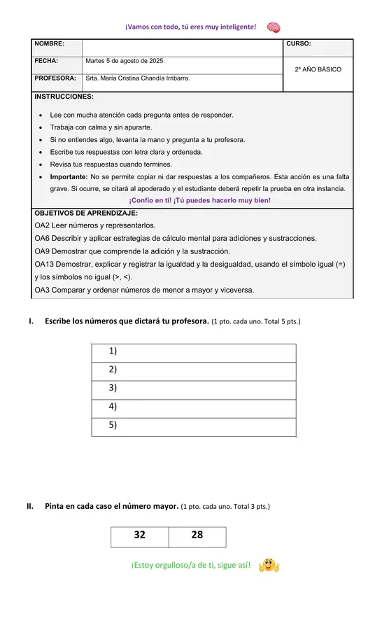 Prueba de matemática segundo básico Unidad 2