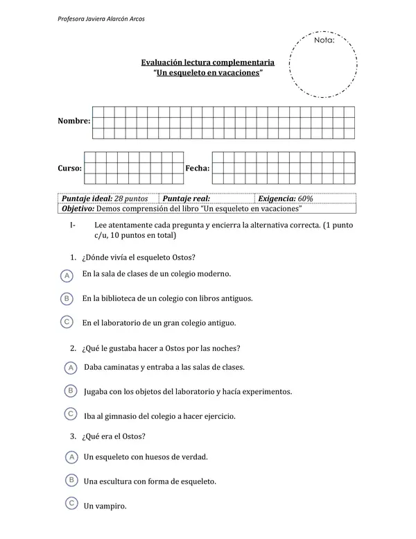 Prueba del libro "Un esqueleto en vacaciones"