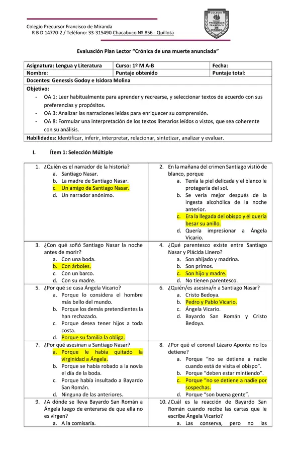 Evaluación Plan Lector "Crónica de una muerte anunciada"