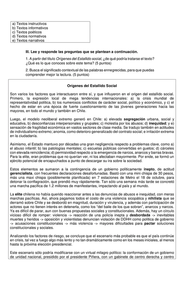 "Guía, Orígenes y Reflexiones sobre el Estallido Social en Chile"3° medio, lenguaje