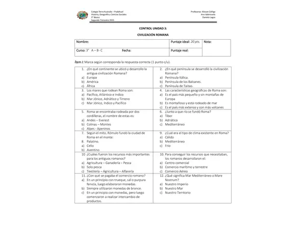 3° Básico - Prueba de la Civilización Romana n°1
