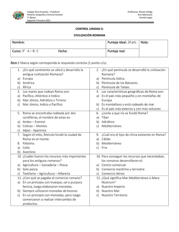 3° Básico - Prueba de la Civilización Romana n°1