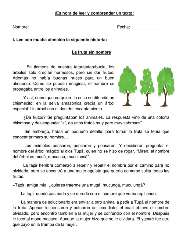 Guía comprensión lectora "La fruta sin nombre" Tercer-cuarto año.