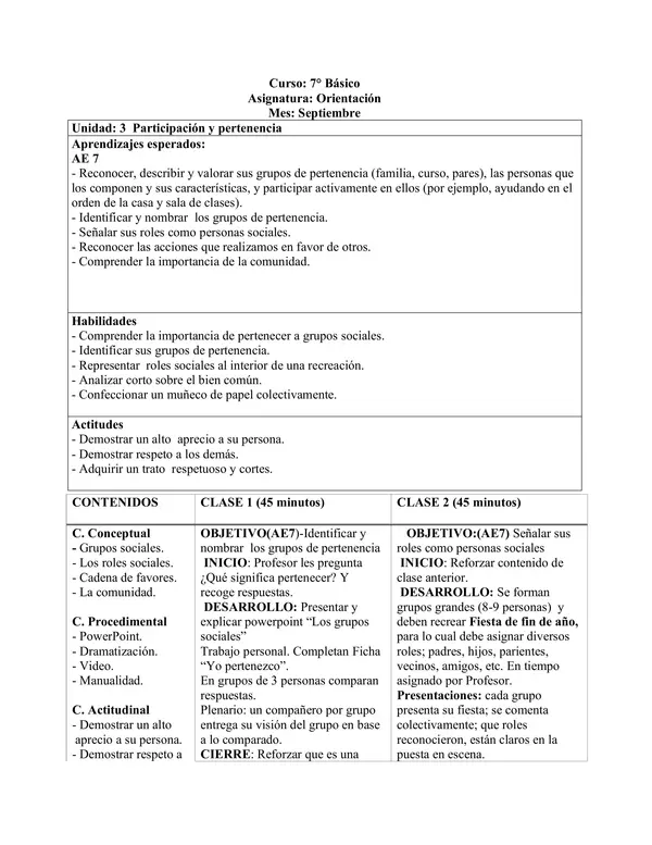 Planificación Clase a Clase: Septiembre | Orientación 7° Básico