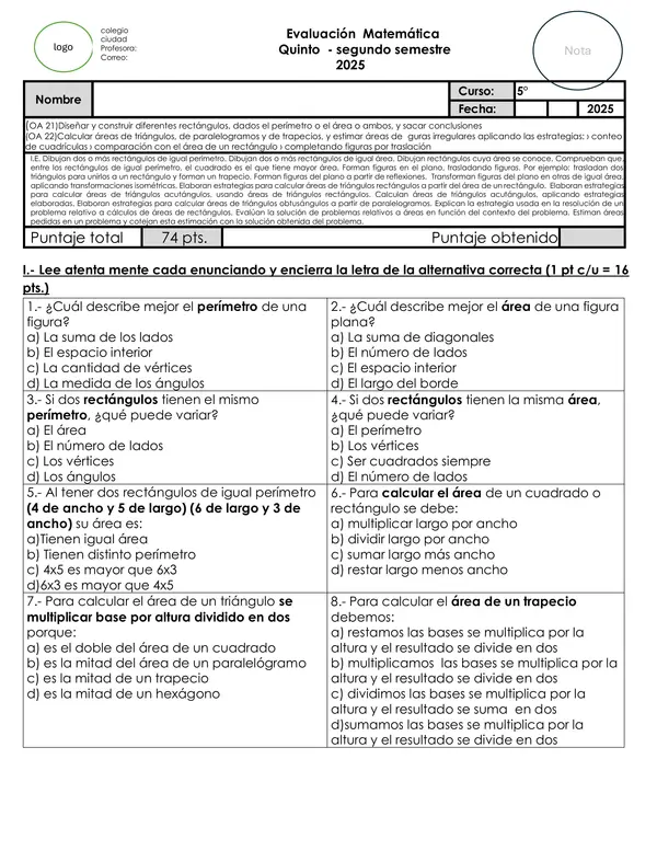 Evaluación Matemática 5° Básico: Perímetro, área y figuras geométricas planas