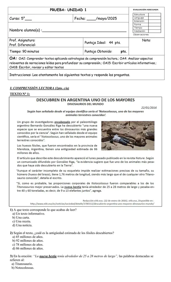 Evaluación comprensión lectora, textos no literarios