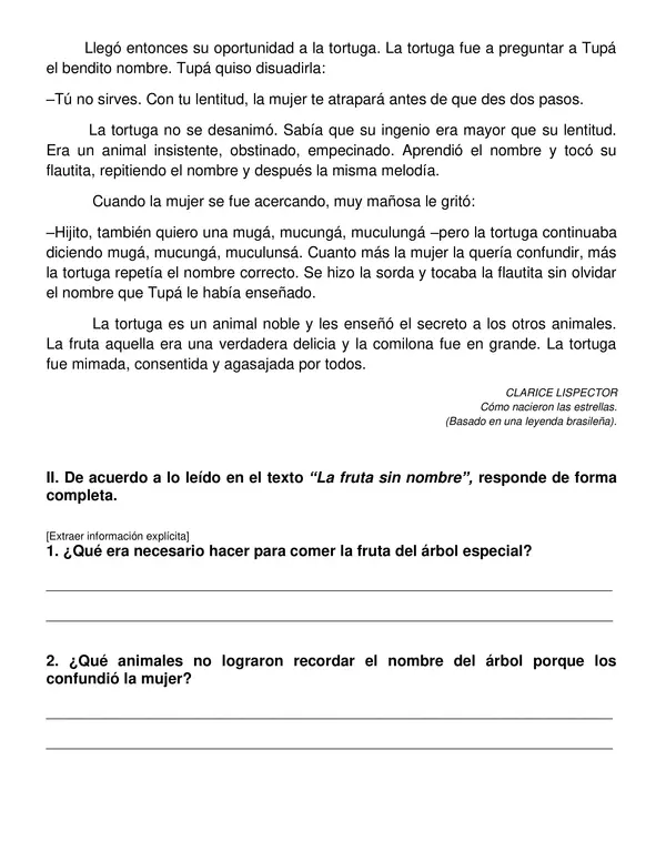 Guía comprensión lectora "La fruta sin nombre" Tercer-cuarto año.