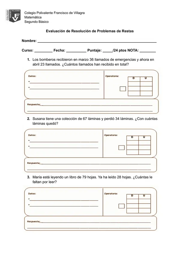 Evaluación matemática RESTA