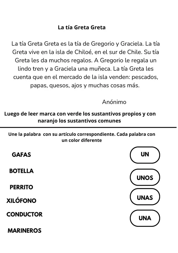 actividad de sustantivos, artículos y adjetivo calificativo