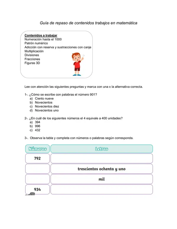 Guía de repaso de los contenidos vistos en matemática 3° básico 