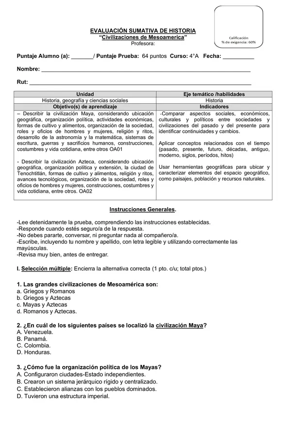 Prueba de historia 4° año "Civilizaciones de Mesoamérica"