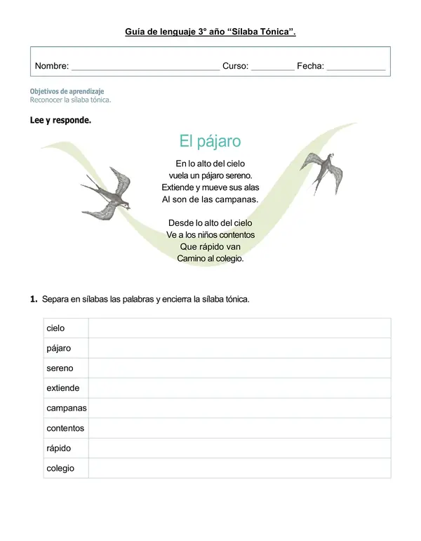 Guía de lenguaje 3°año "Sílaba Tónica"