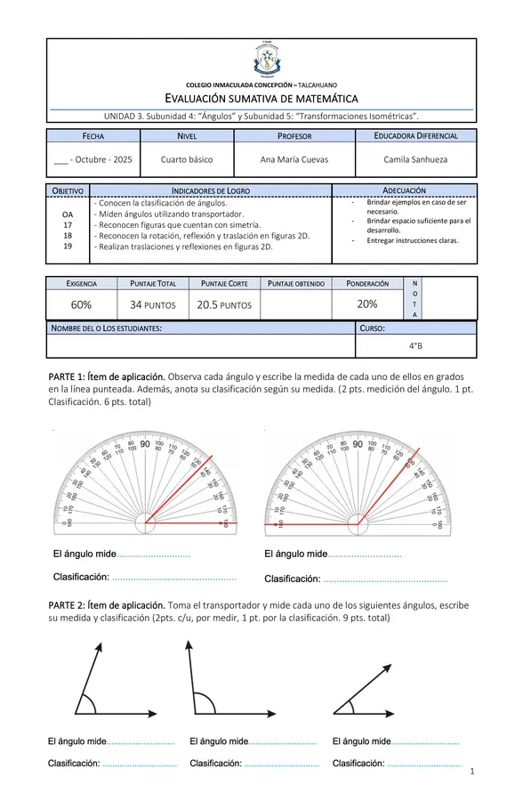 Evaluación Ángulos y Transformaciones Isométricas 4°