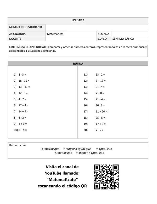 Números enteros: Orden de números enteros en la recta numérica