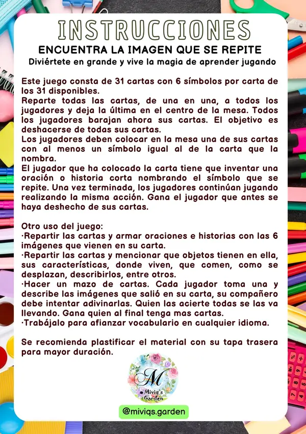Juego de cartas Útiles Escolares (Dobble Spot It Game)