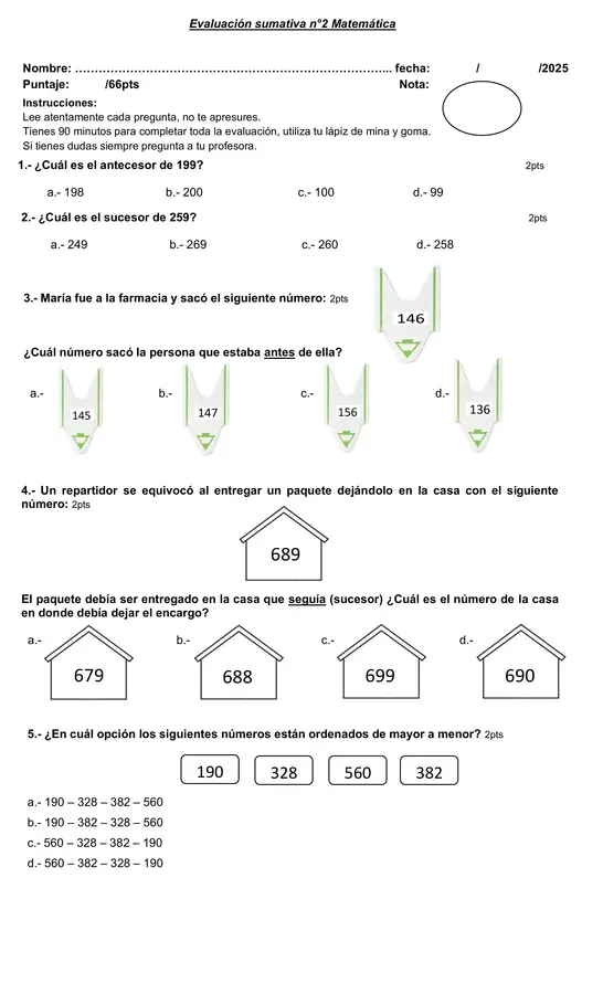 evaluación matemática 3 básico