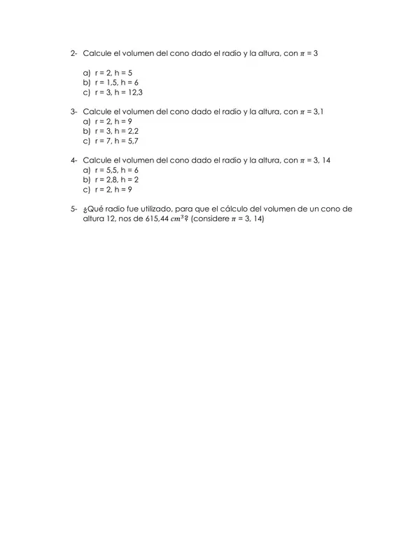 Guía de Ejercitación Matemática NM1 "Cálculo del Volumen de un Cono" 