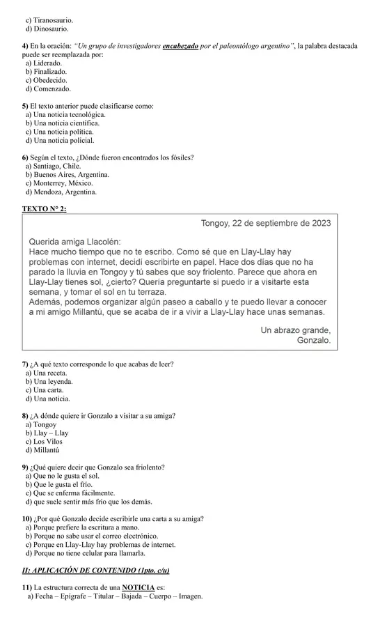 Evaluación comprensión lectora, textos no literarios