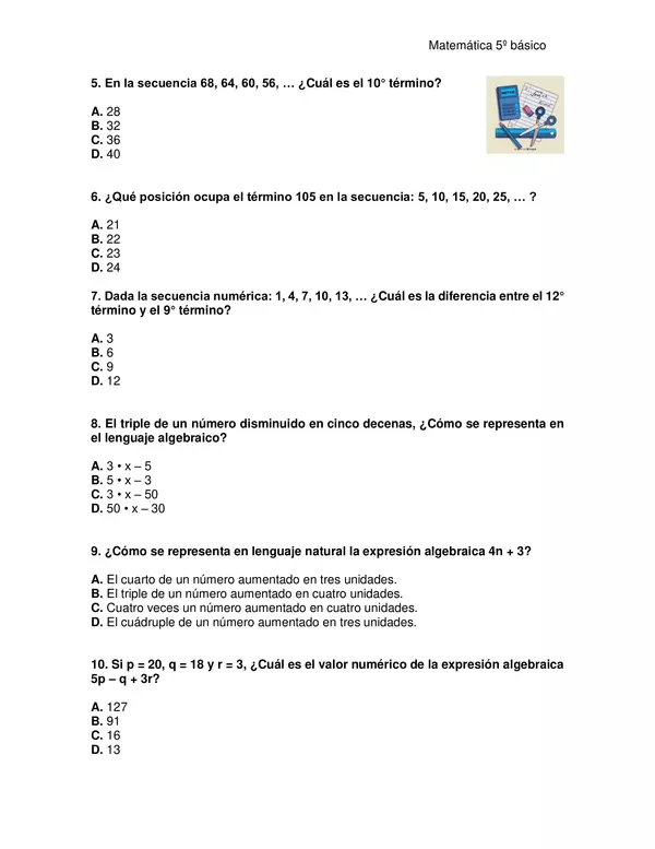 Evaluación de matemática 5°año, unidad: "Patrones y álgebra"