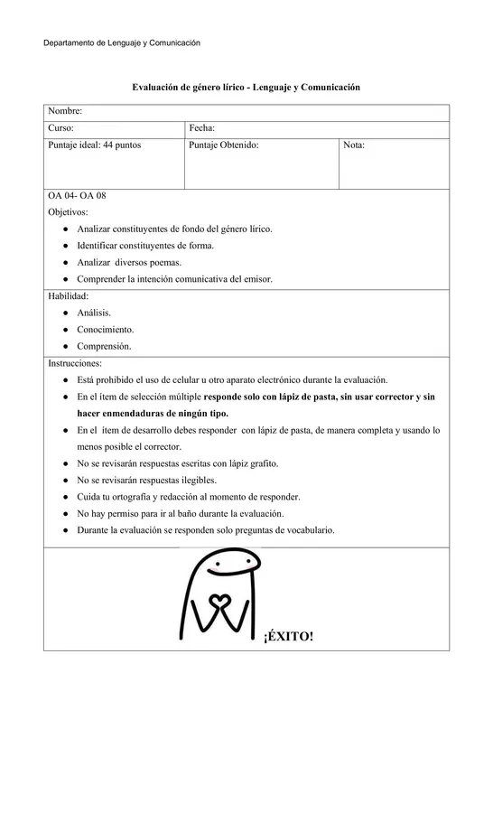 Evaluación del Género Lírico + Comprensión Lectora - editable con pauta
