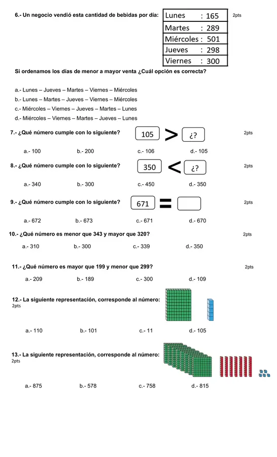 evaluación matemática 3 básico