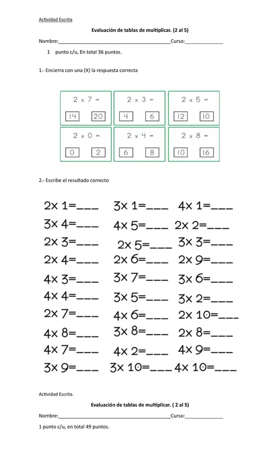 Evaluación sumativa tablas de multiplicar 