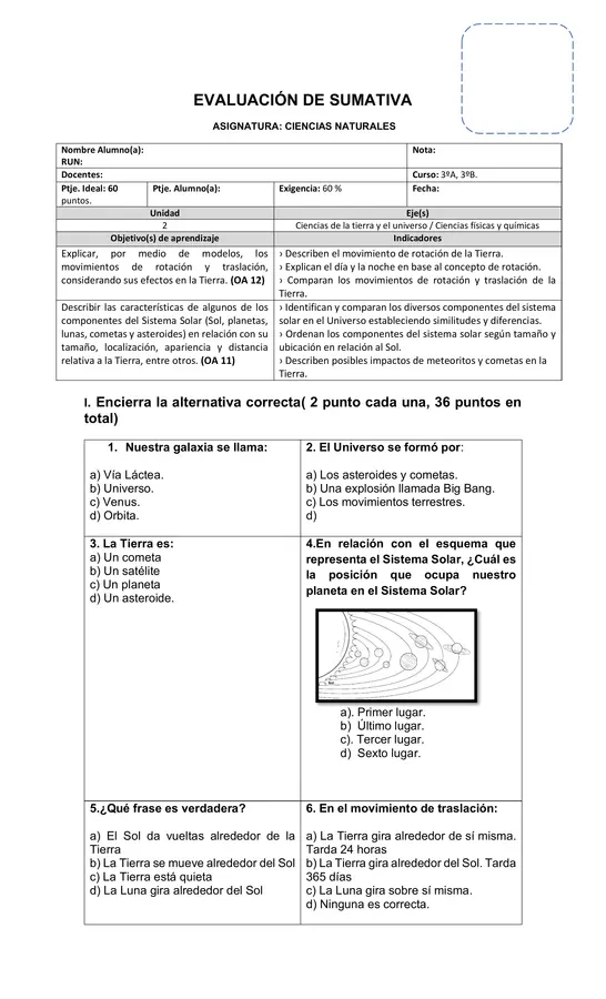 Prueba Sistema Solar 3° Básico