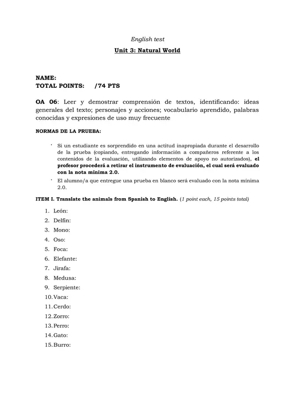 Prueba Unidad 3: The natural world