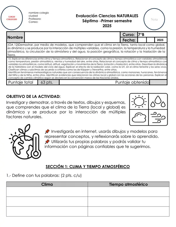  Evaluación Ciencias Naturales 7° – Clima Dinámico, Variables Atmosféricas y Cambio Climático 