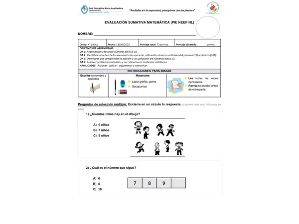 Prueba matemática "sumas y restas hasta el 10"