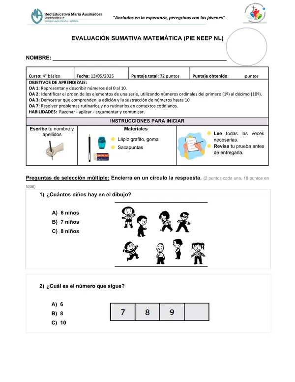 Prueba matemática "sumas y restas hasta el 10"