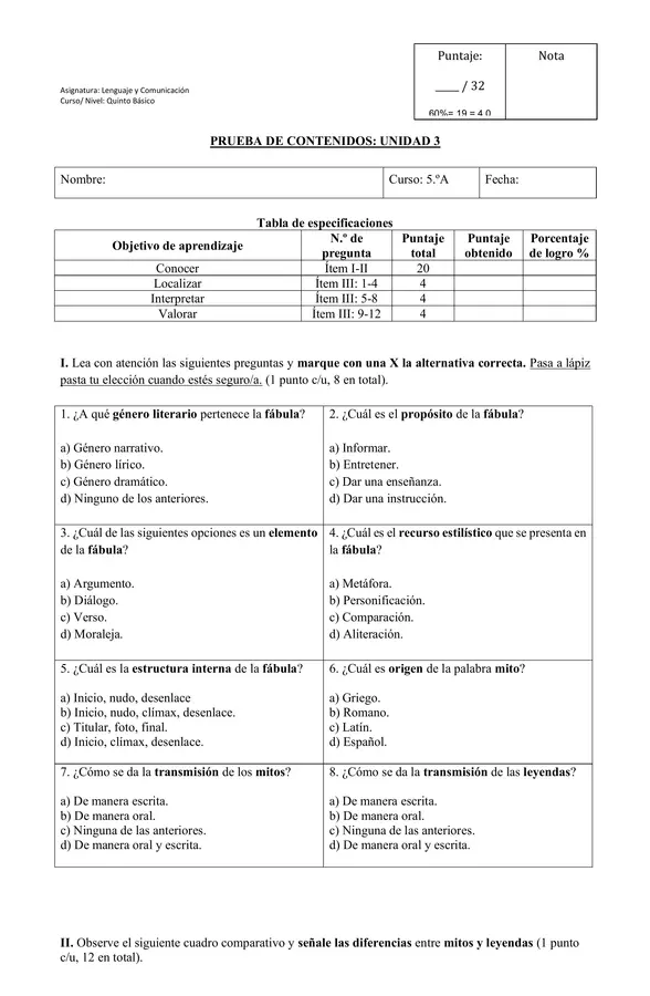 5to - Prueba de Unidad n°3: Fábula, mito y leyenda