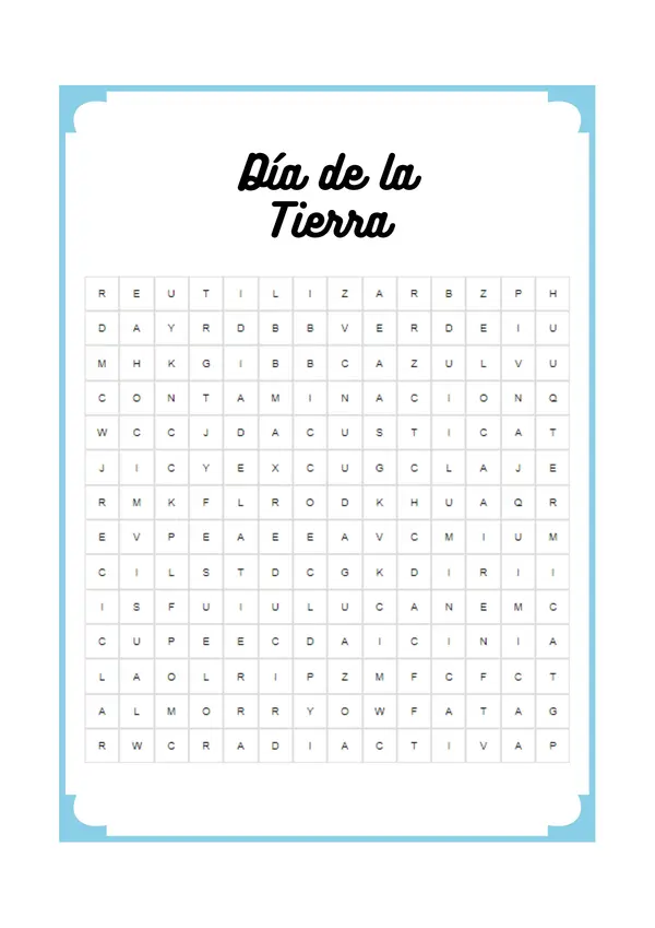 Sopa de letras en español sobre el Día de La Tierra, contaminación, las tres R