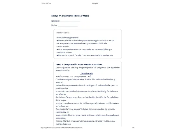 Ensayo exámenes libres segundo medio, Lengua y Literatura 