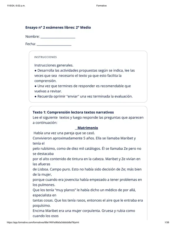 Ensayo exámenes libres segundo medio, Lengua y Literatura 
