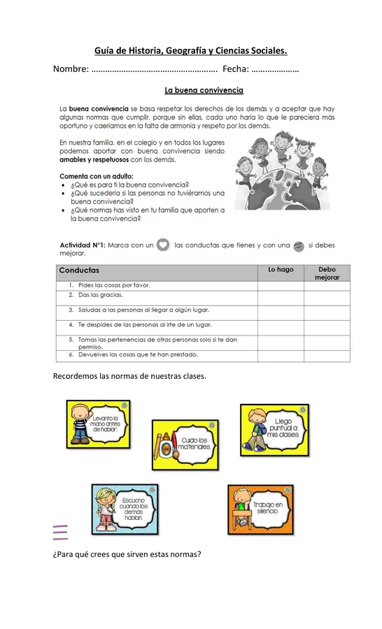 Guía normas de convivencia y seguridad 1° Básico