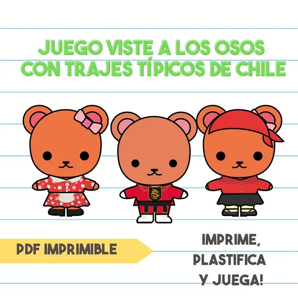 Juego Imprimible Viste a los Osos con Ropa Típica de Chile
