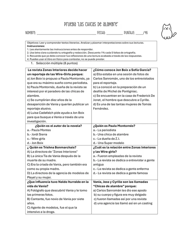 prueba de lectura "Las chicas de alambre"