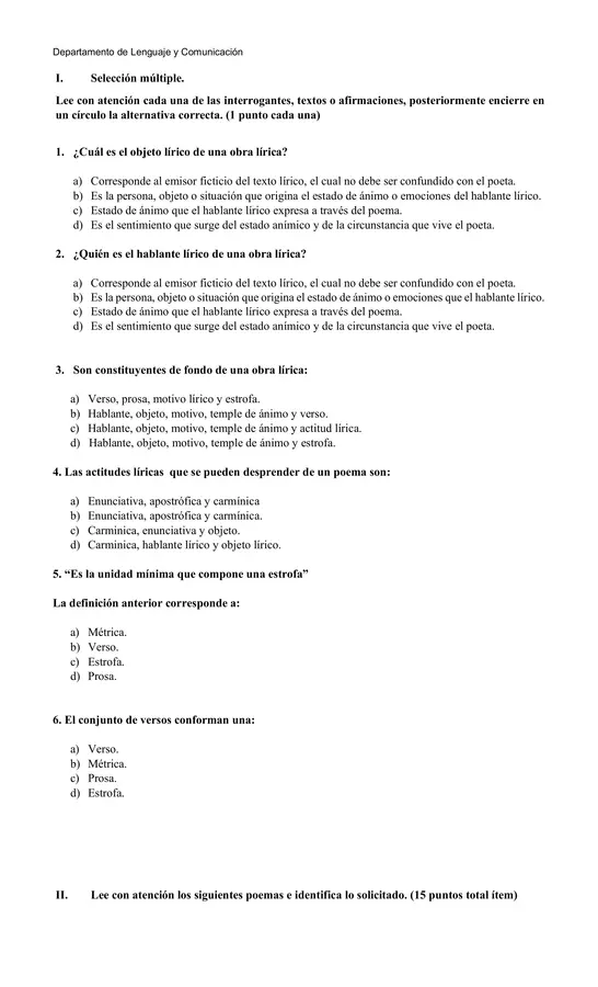 Evaluación del Género Lírico + Comprensión Lectora - editable con pauta