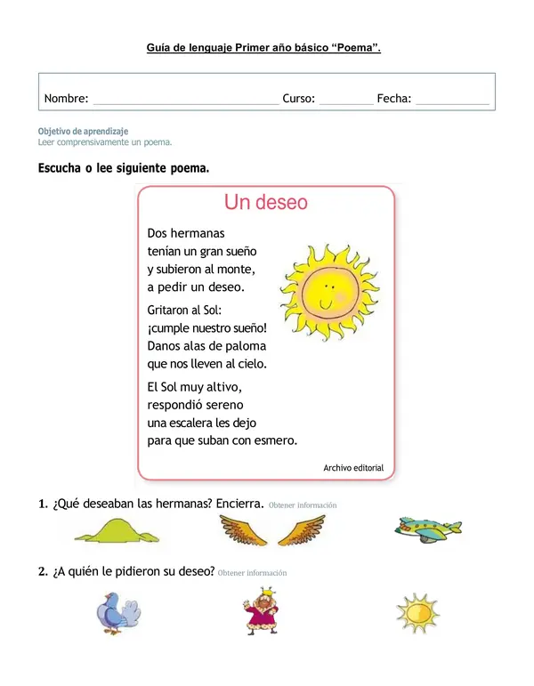 Guía de lenguaje primer año básico"Lectura y comprensión poema".