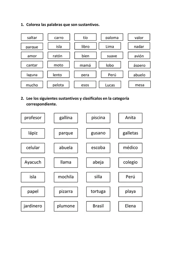 hoja de práctica del sustantivo 2 do grado