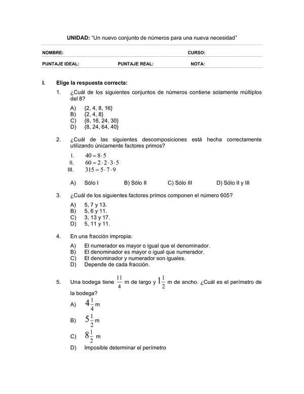 Evaluacion de Matematica 6 Basico: multiplos y divisores