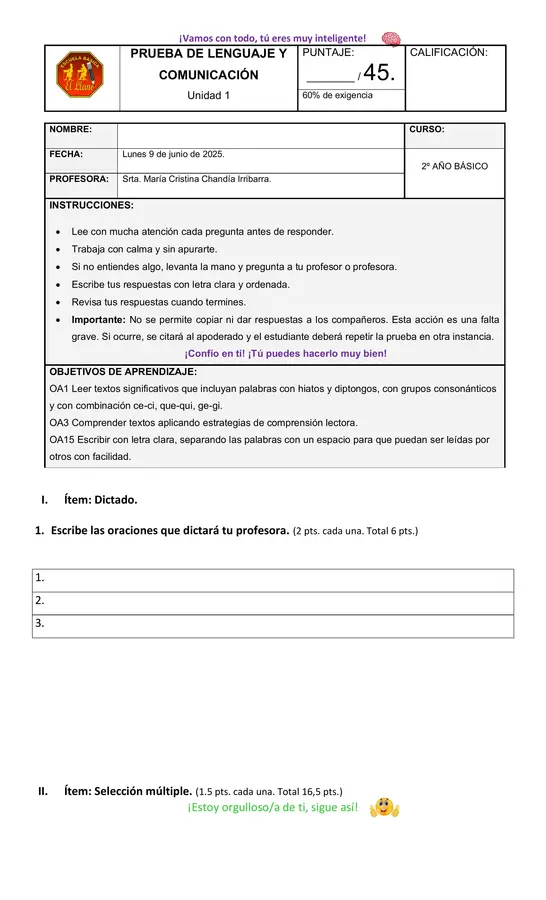 Prueba de Lenguaje 2° básico