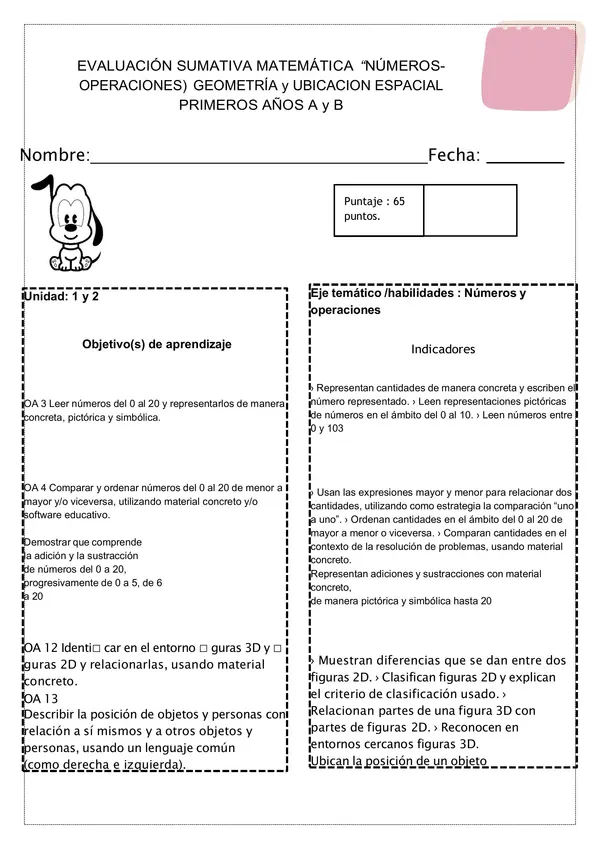 Prueba de matemática números y operaciones, geometría y ubicación espacial 