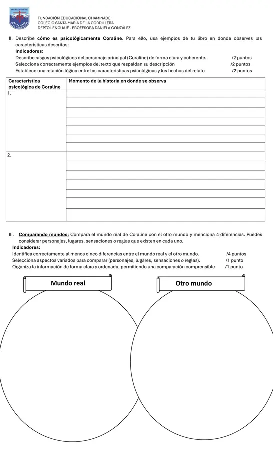 Evaluación lectura domiciliaria "Coraline"