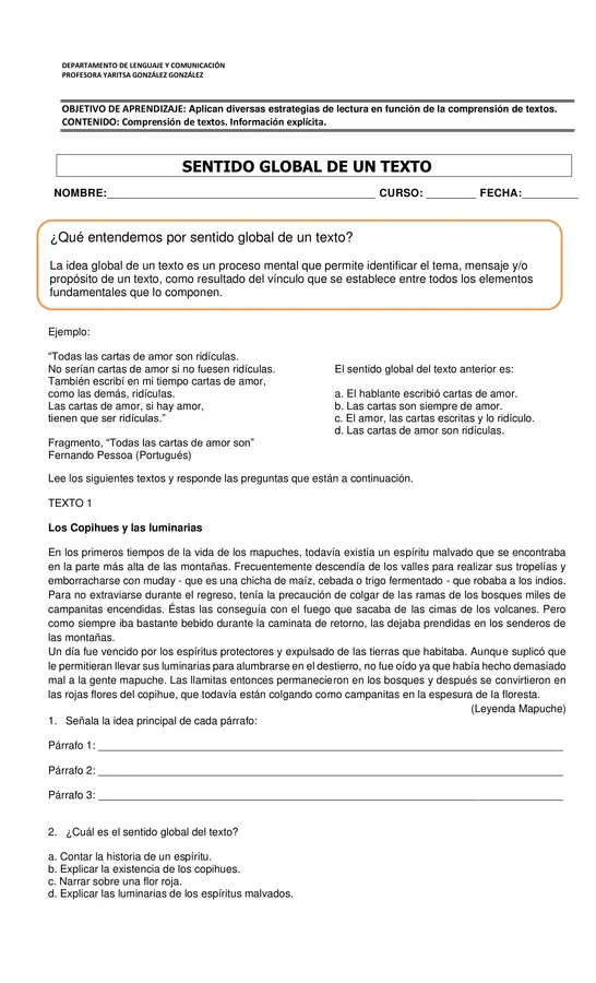 Comprensión lectora - Sentido global