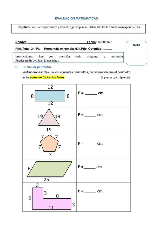 evaluación perimetro - área de figuras planas