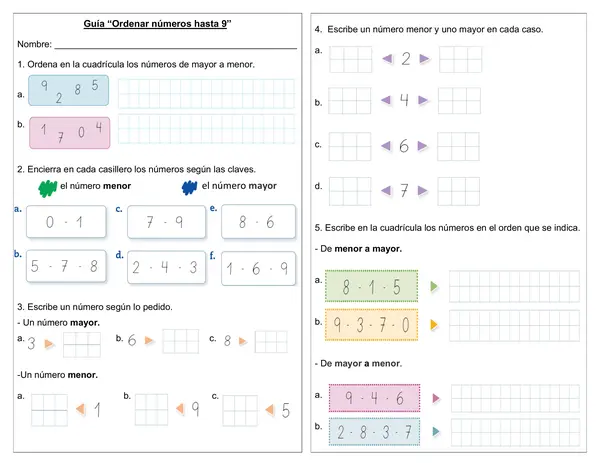 Guía 1° básico "Ordenar números hasta el 9"